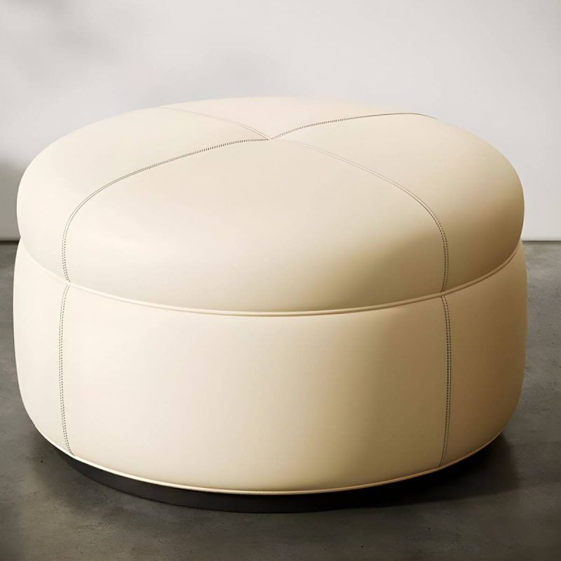 "Modern Genuine Leather Accent Stool Backless Round Solid Wood Stool - Beige 1 Piece"