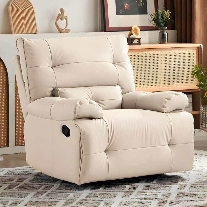 "Ergonomic Modern Recliner with Lumbar Support and Stain-Resistant Faux Leather Upholstery - Beige Deck Chair Manual Recline Standard (No Motion)"