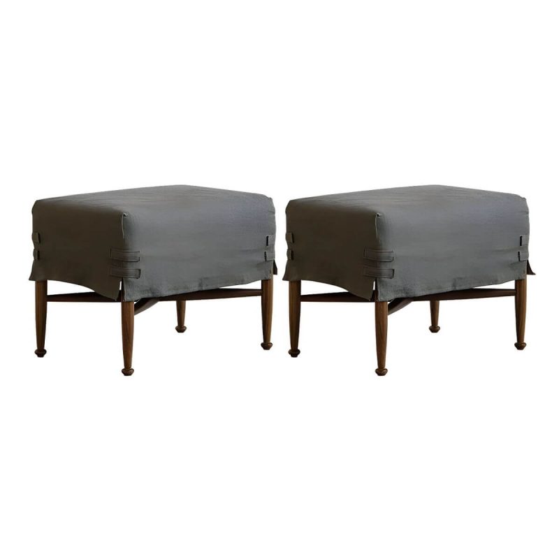 "Modern Upholstered Backless Accent Stool with Wood Legs and Linen Upholstery - Grey 2 Piece Set"