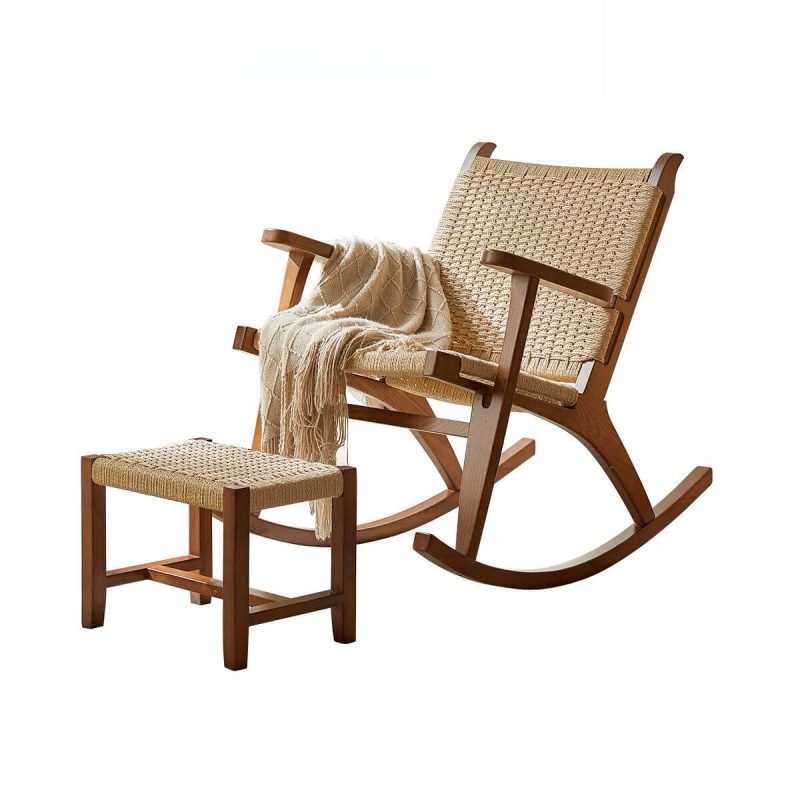 "Wooden Rocking Chair Couch with Ottoman and Rear Back, Nut-Brown, Rocking Chair with Ottomans"