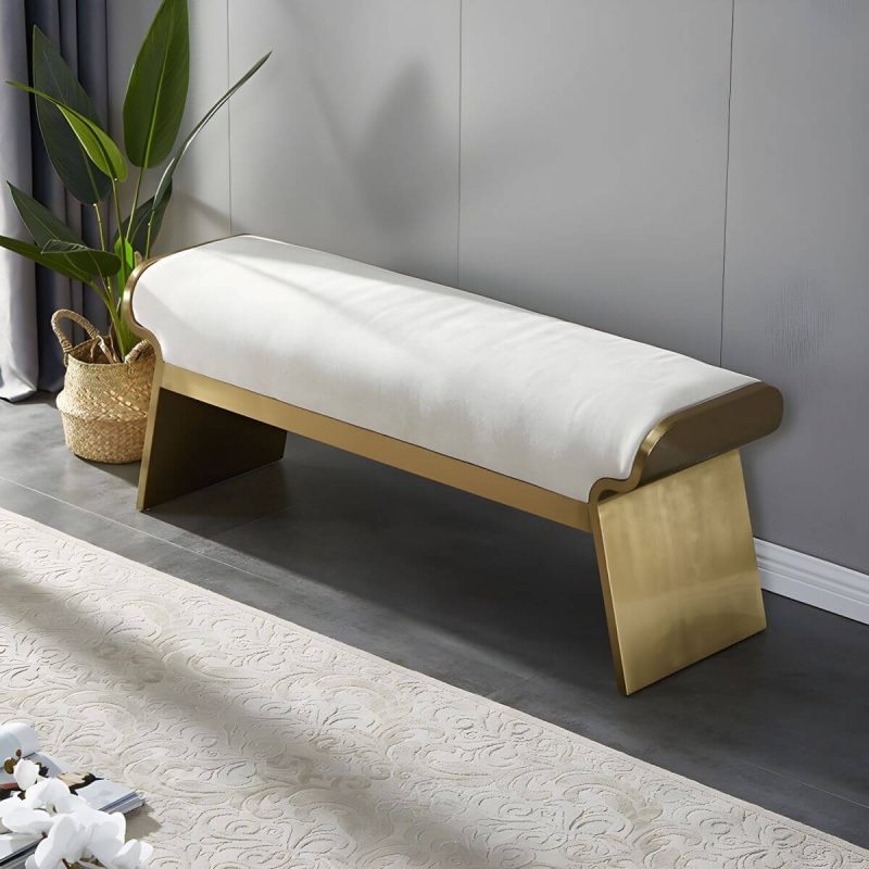 "Modern Beige Leather Rectangle Ottoman with Metal Frame for Stylish Comfort - 1 Piece 39.5"L x 14"W x 18"H"
