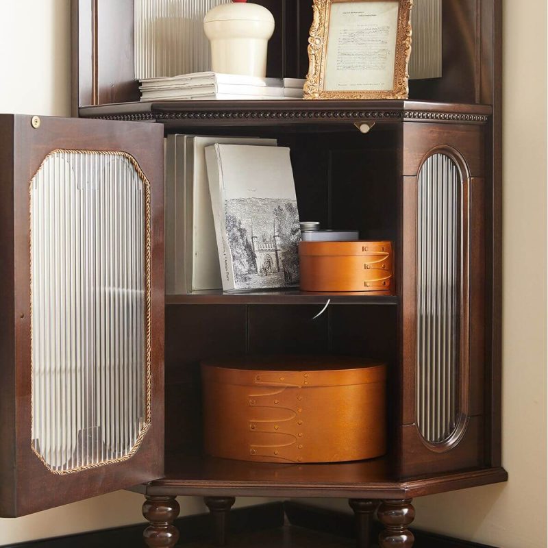 "Detached Cocoa Corner Accent Cabinet with 4 Exterior Shelves, Glass-panel Door, 1 Cabinet & Pull Knobs, 21"L x 21"W x 79"H"