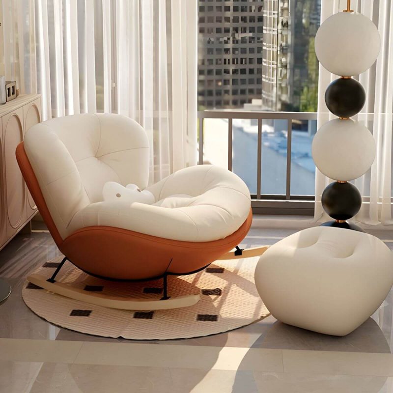 "Stylish Modern Upholstered Rocking Chair with Natural Wood Legs, Tufted Upholstered and Spindle Back - Rocking Chair Beige/ Orange"