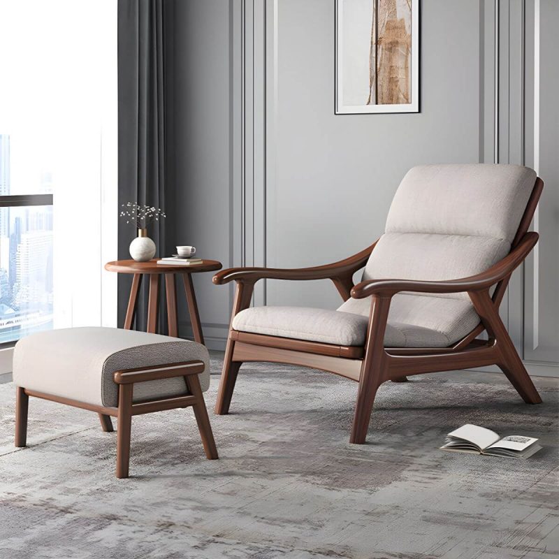 "Modern Wood Frame Recliner with Lumbar Support and Removable Cushions - Gray/ White 29"L x 39"W x 31"H Recliner with Ottoman Cotton and Linen"