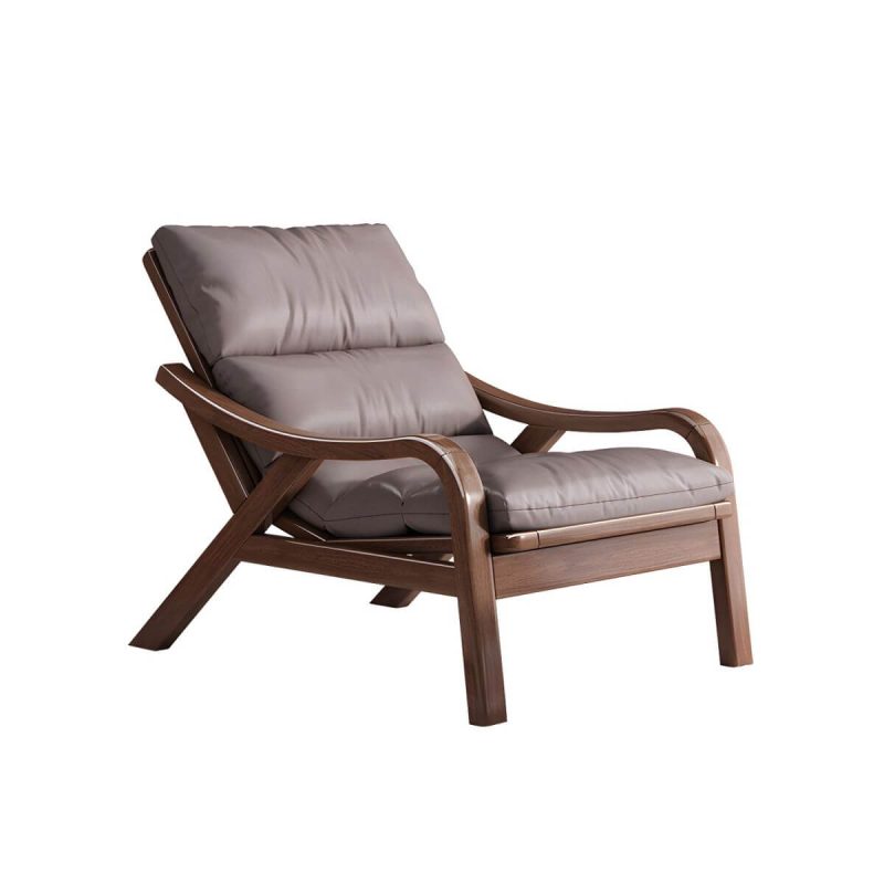 "Contemporary Solid Wood Recliner Chair in Solid Color with Wooden Legs - Deck Chair Faux Leather Brown"