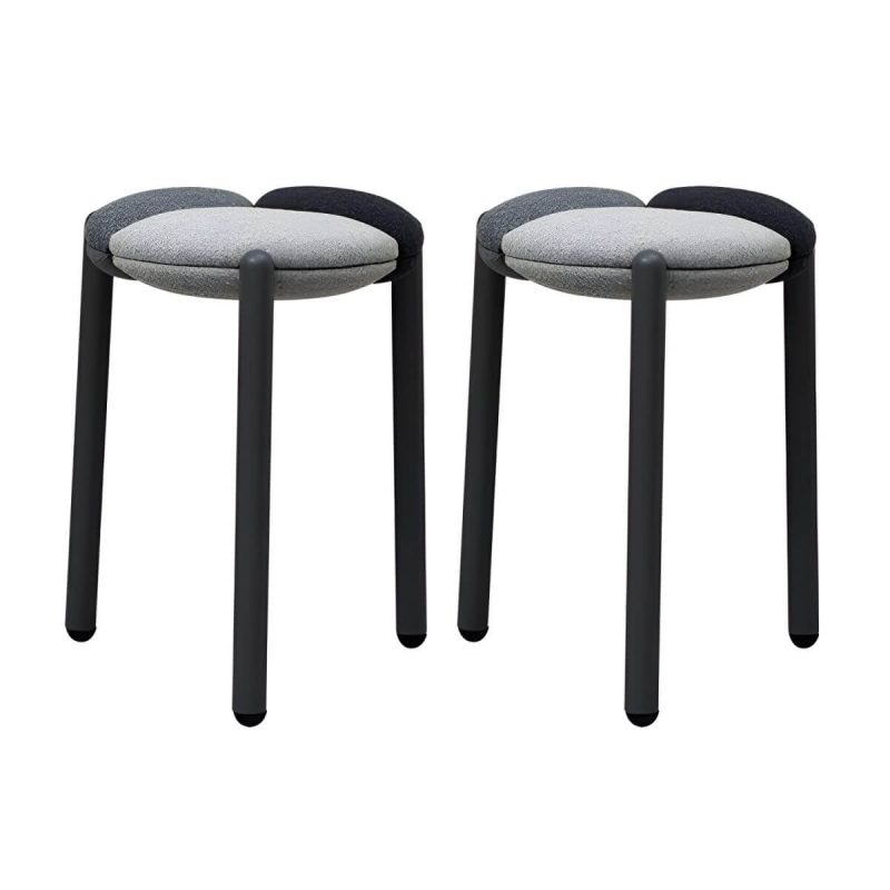 "Modern Upholstered Accent Stool with Metal Frame and Stackable Design - 2 Piece Set Grey"