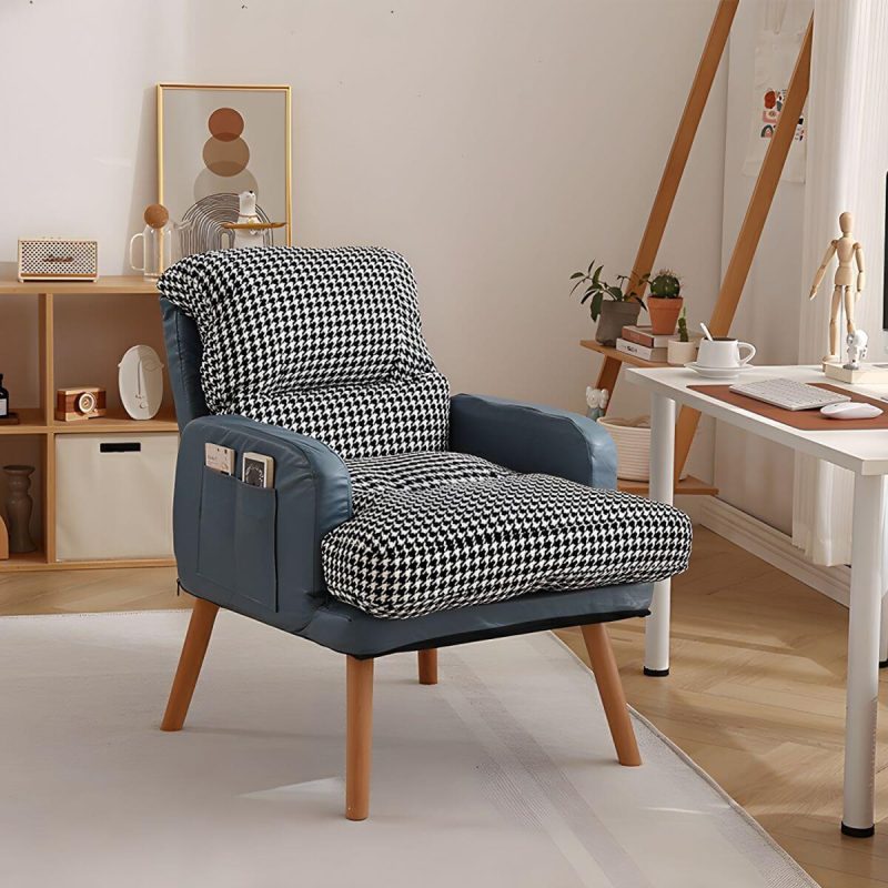 "Small Modern Recliner with Lumbar Support and Built-In Storage, featuring Wood Legs - Blue Houndstooth 29"L x 29"W x 34"H Deck Chair Cotton and Linen"