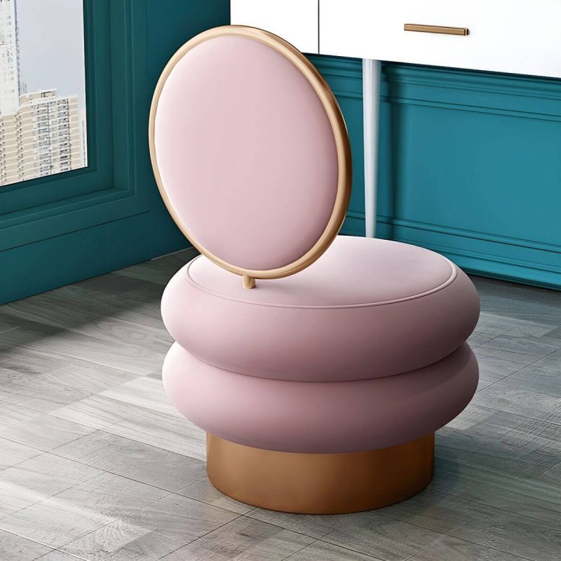 "Modern Upholstered Vanity Stool with Metal Frame and Patchwork Design - Pink-Blue 2 Piece Set"