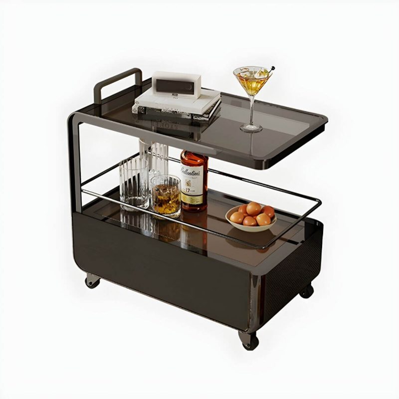 "Contemporary Side Table with Handle and Shelves, Black Frame and Wheels - Black 28"L x 16"W x 26"H"