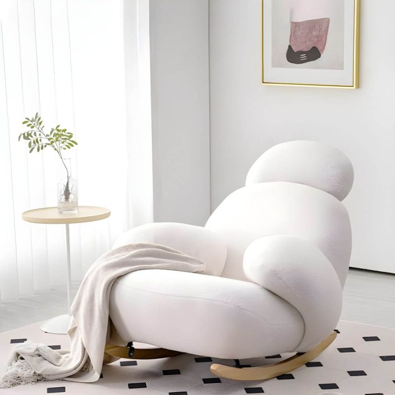 "Indoor Modern Rocking Chair with Sherpa Upholstered and Wood Legs - White"