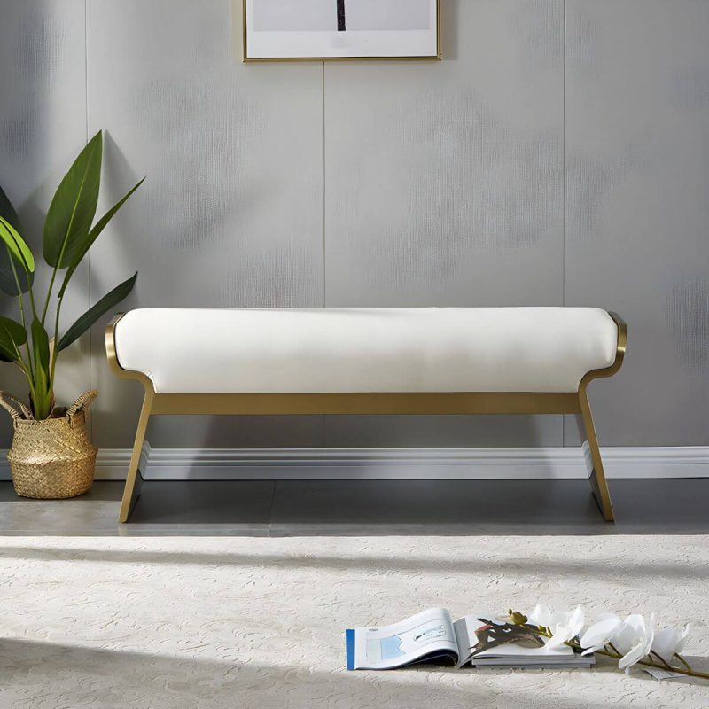 "Modern Beige Leather Rectangle Ottoman with Metal Frame for Stylish Comfort - 1 Piece 47"L x 14"W x 18"H"