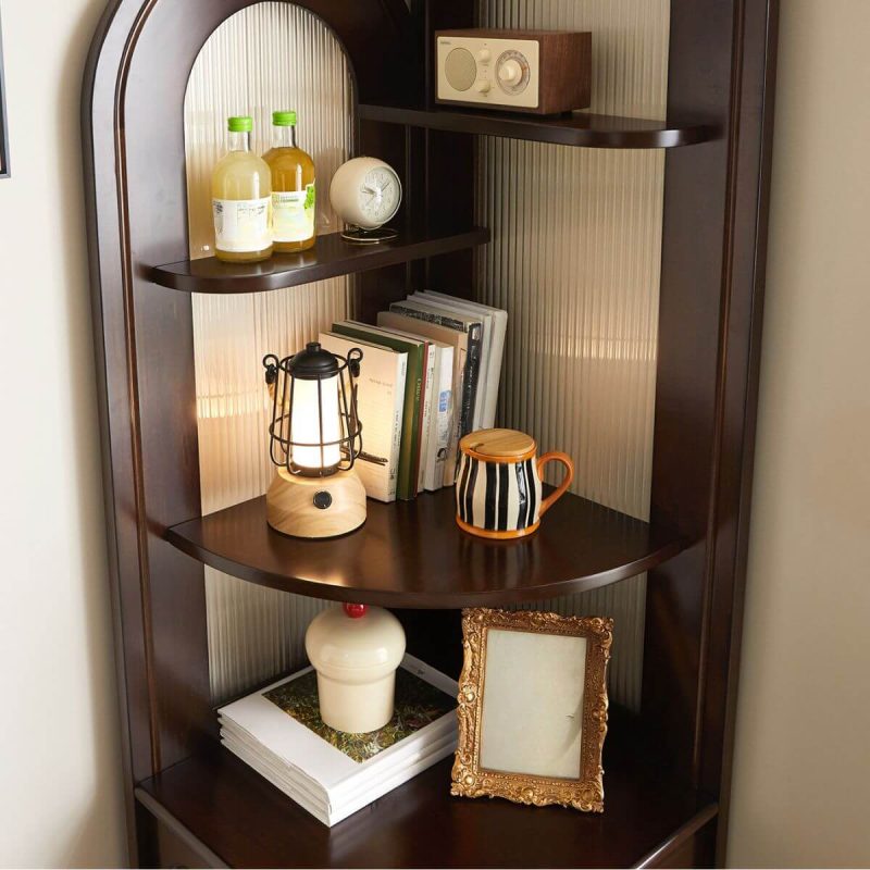 "Detached Cocoa Corner Accent Cabinet with 4 Exterior Shelves, Glass-panel Door, 1 Cabinet & Pull Knobs, 21"L x 21"W x 79"H"