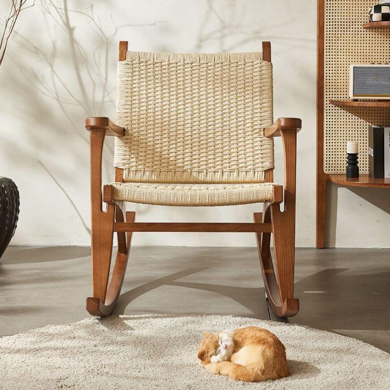 "Wooden Rocking Chair Couch with Track Arm, Scratch-defiant, Rear Back and Modern Simple Style, Red Oak, Rocking Chair"