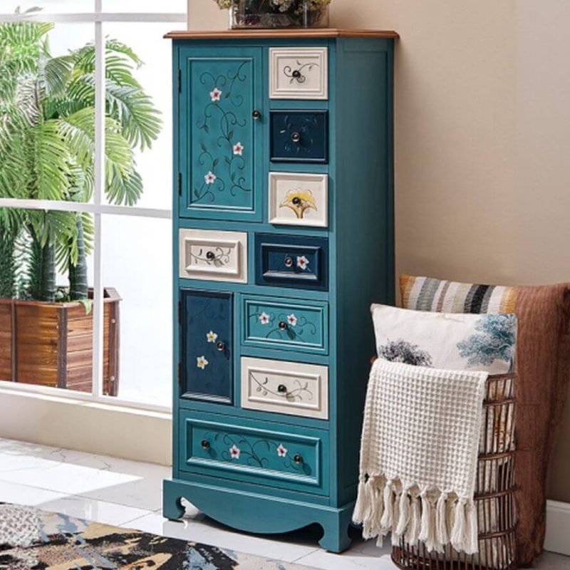 "Free Standing Paint Distressing Natural Wood Utility Cabinet with 8 Drawers, Aqua"