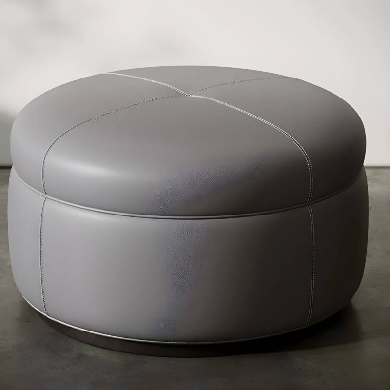 "Modern Genuine Leather Accent Stool Backless Round Solid Wood Stool - Dark Gray 1 Piece"