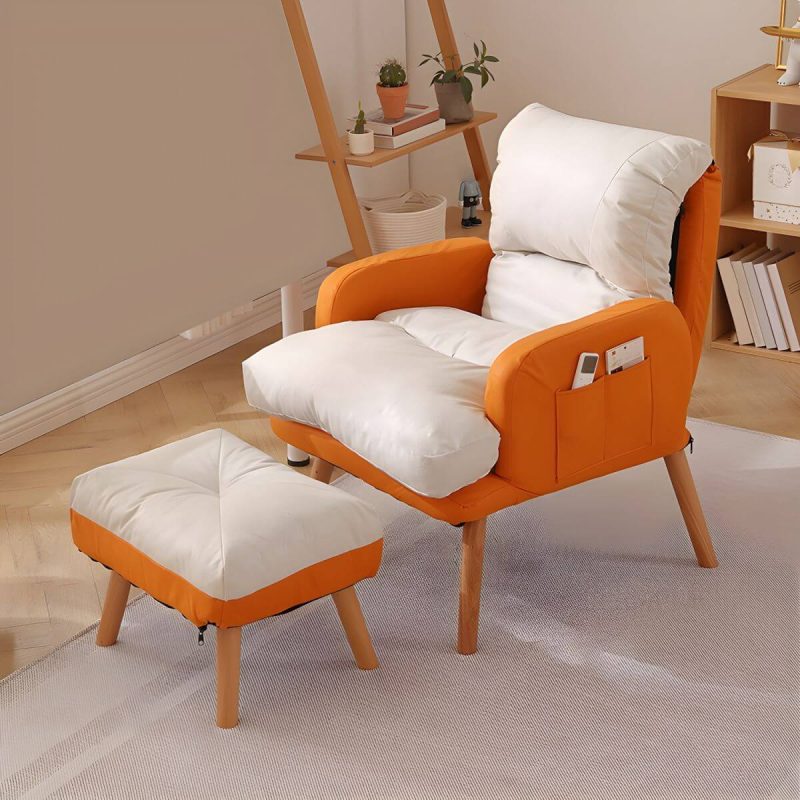 "Ergonomic Solid Color Modern Recliner with Lumbar Support and Storage, featuring Wood Legs - 28"L x 21"W x 39"H Orange/ White Recliner with Ottoman Faux Leather"