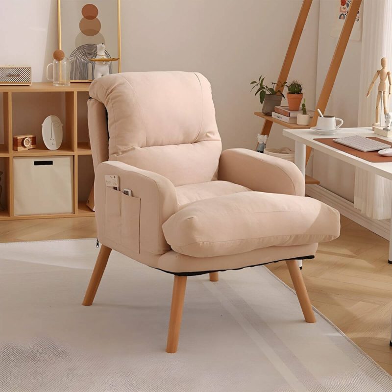"Small Modern Recliner with Lumbar Support and Built-In Storage, featuring Wood Legs - Beige 29"L x 29"W x 34"H Deck Chair Cotton and Linen"
