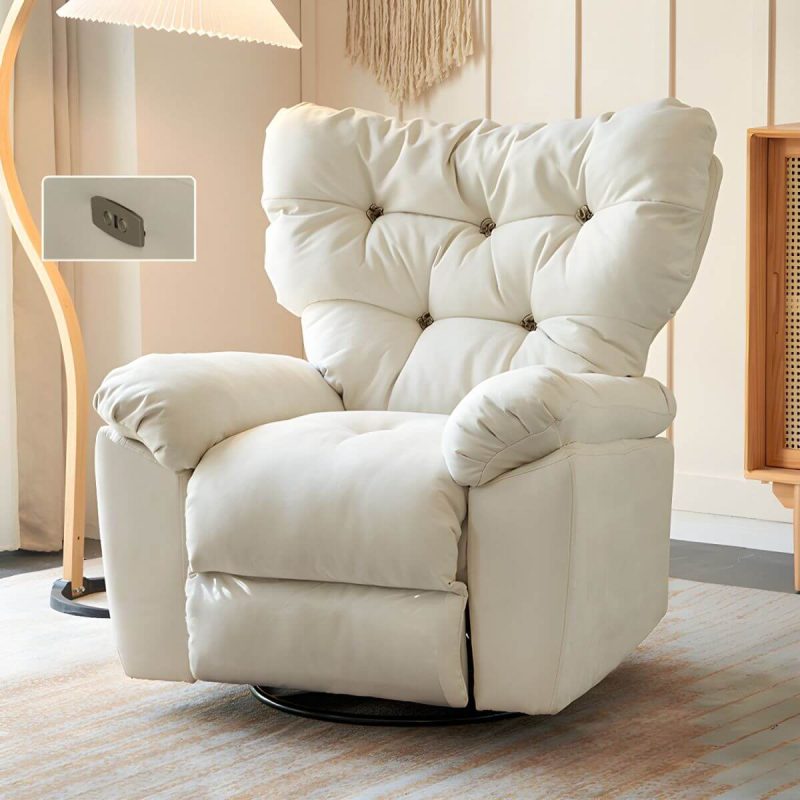 "Faux Leather Wing Chair Recliner Adjustable Wingback Recliner with Tufted Back - White Swivel Rocker Power - Push Button"