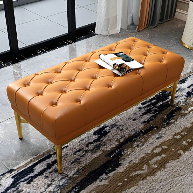 "Tufted Modern Upholstered Accent Stool with Nail Head Trim - Backless - 1 Piece Genuine Leather Orange"