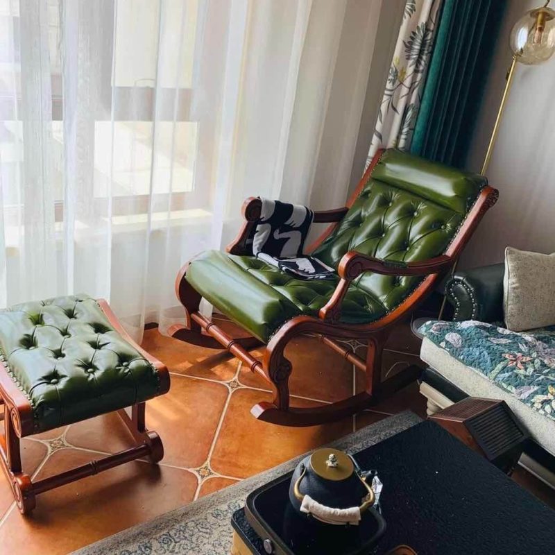 "Mid-Century Modern Olive Green Natural Wood Rocking Accent Chair with Ottoman, 24"L x 50"W x 41"H+26"L x 18"W x 17"H"