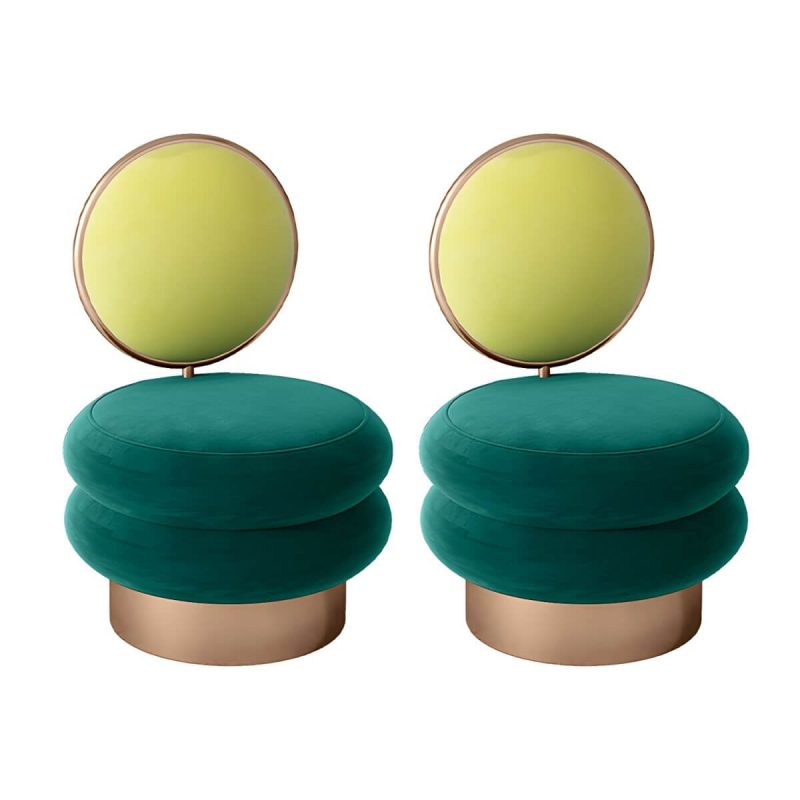 "Modern Upholstered Vanity Stool with Metal Frame and Patchwork Design - Yellow/ Green 2 Piece Set"