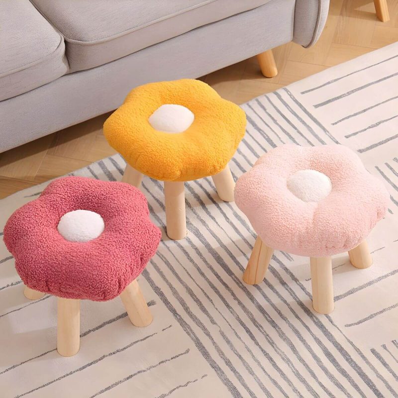 "Modern Unique Flannel Ottoman with Removable Cushion Cover and Wood Frame - 2 Piece Set Yellow"
