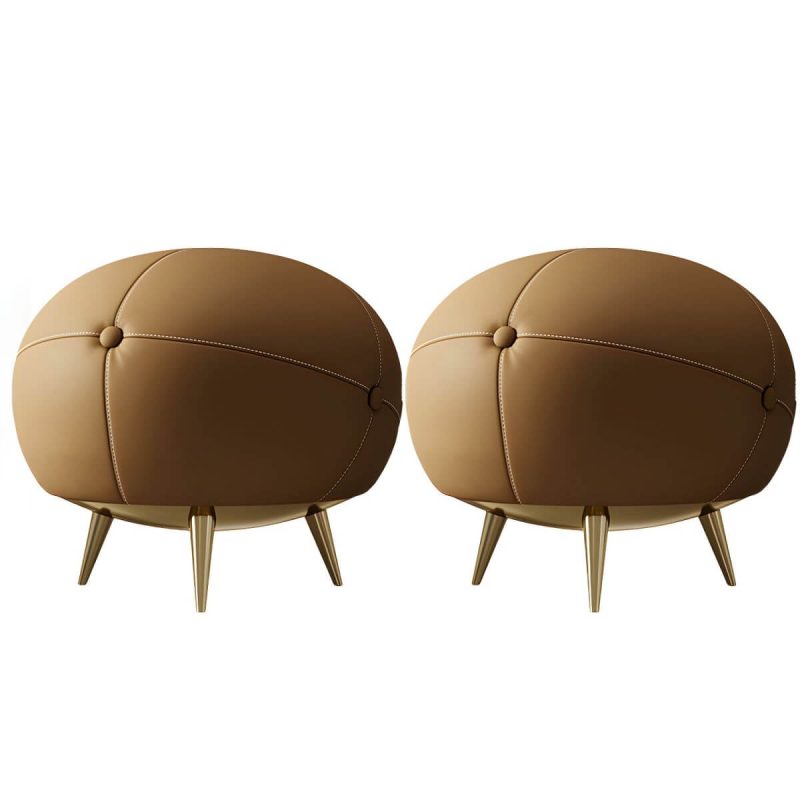 "Glam Round Accent Stool Backless Genuine Leather Solid Color in Brown - 2 Piece Set"