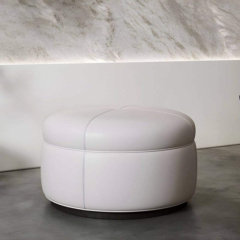 "Modern Genuine Leather Accent Stool Backless Round Solid Wood Stool - Light Gray 1 Piece"
