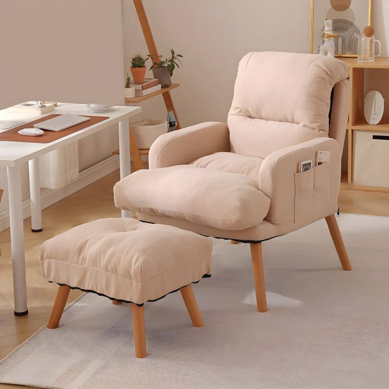 "Ergonomic Solid Color Modern Recliner with Lumbar Support and Storage, featuring Wood Legs - 28"L x 21"W x 39"H Beige Recliner with Ottoman Cotton and Linen"