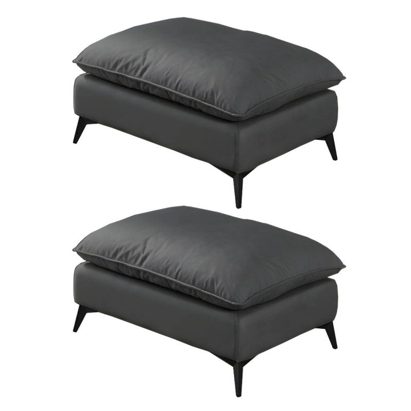 "Modern Upholstered Accent Stool with Wooden Legs - Medium Height (17" - 19") - 2 Piece Set Dark Gray"