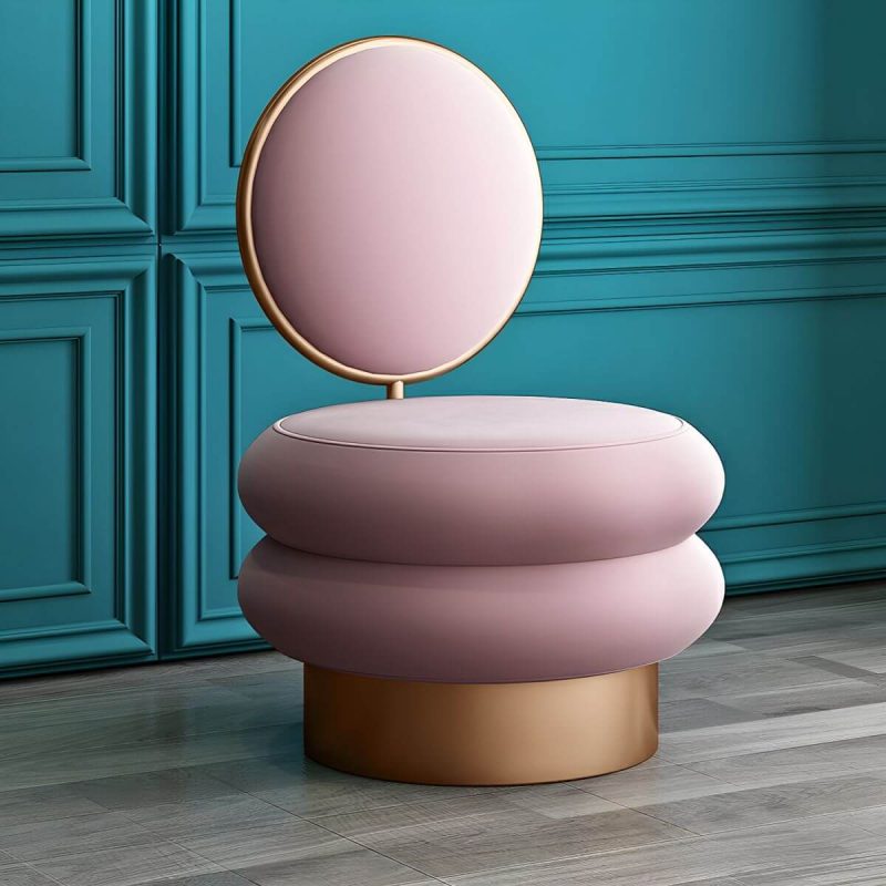 "Modern Upholstered Vanity Stool with Metal Frame and Patchwork Design - Pink 2 Piece Set"