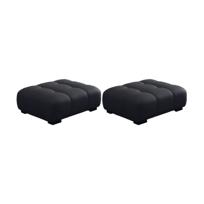 "Tufted Upholstered Modern Accent Stool with Pine Wood Legs in Solid Color - Black 2 Piece Set"