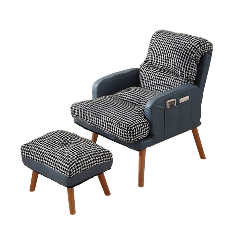 "Small Modern Recliner with Lumbar Support and Built-In Storage, featuring Wood Legs - Blue Houndstooth 29"L x 29"W x 34"H Recliner with Ottoman Cotton and Linen"