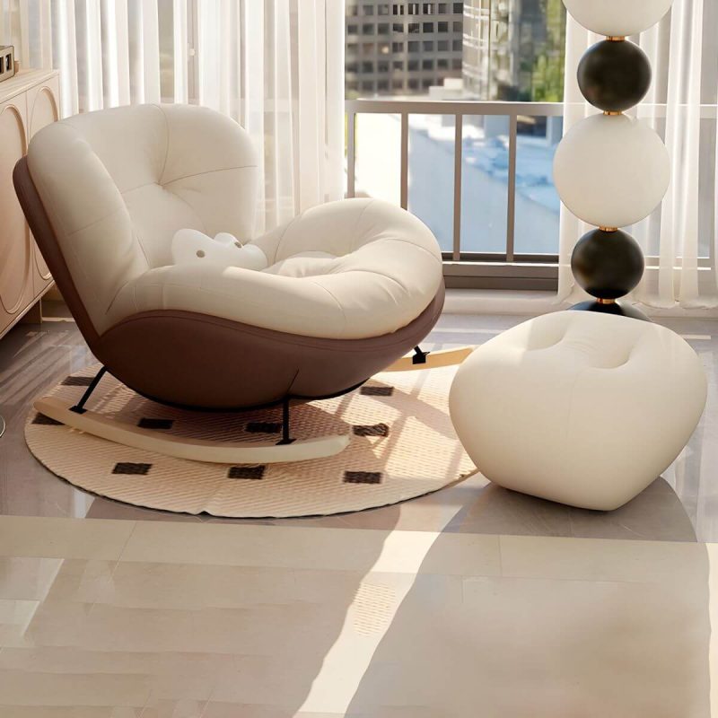 "Stylish Modern Upholstered Rocking Chair with Natural Wood Legs, Tufted Upholstered and Spindle Back - Rocking Chair with Ottomans Beige/ Coffee"