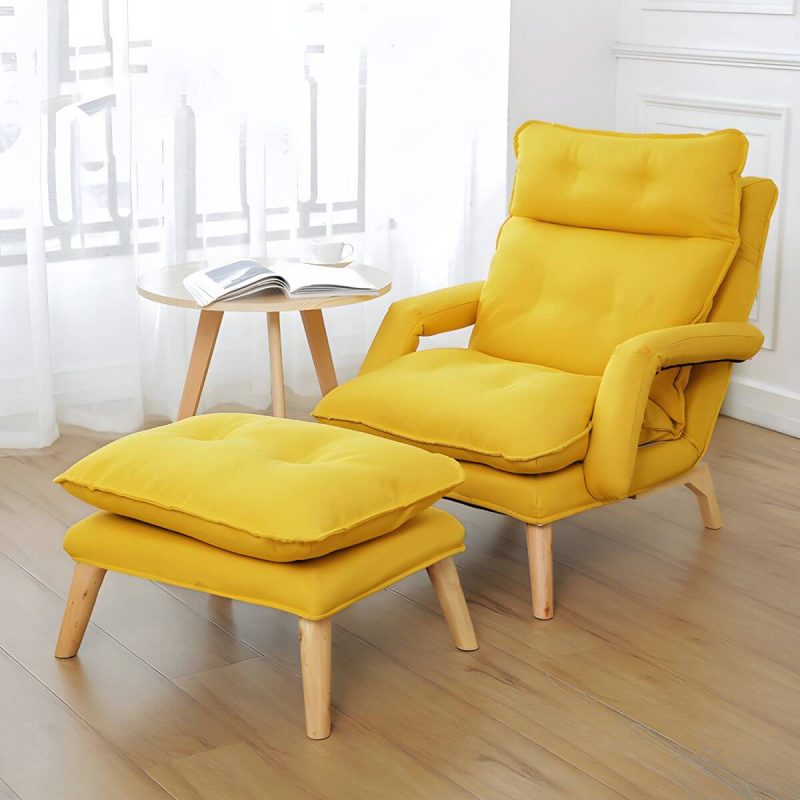 "Small Modern Ergonomic Recliner with Linen Upholstery and Adjustable Headrest, including Ottoman - Yellow"