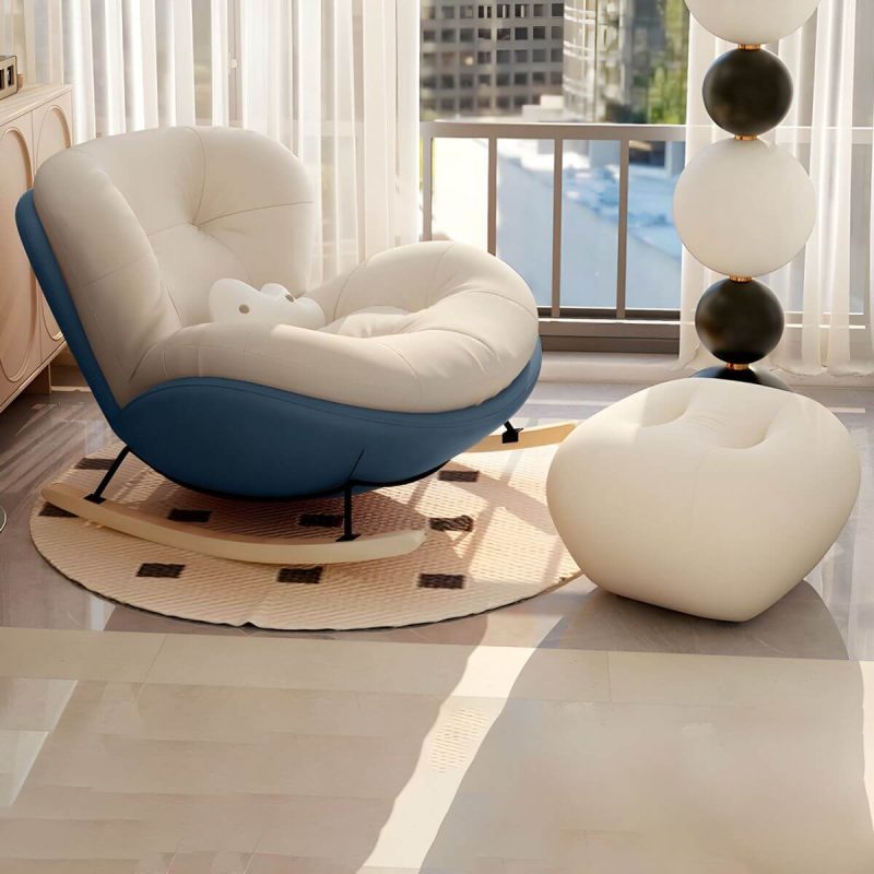 "Stylish Modern Upholstered Rocking Chair with Natural Wood Legs, Tufted Upholstered and Spindle Back - Rocking Chair with Ottomans Beige/ Blue"