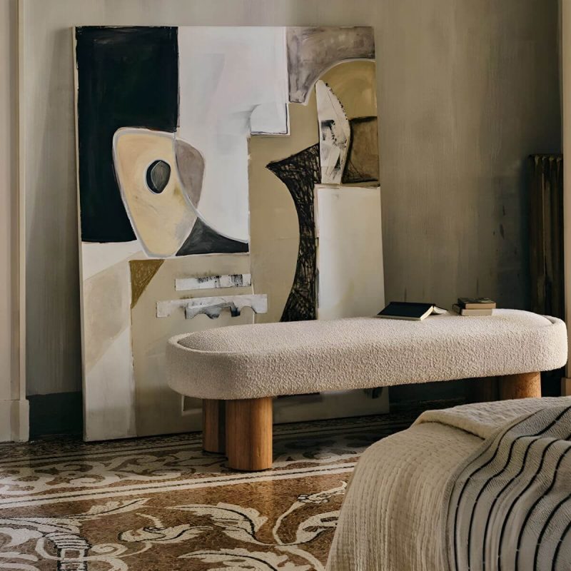 "Scandinavian Wool Pouf in Solid Wood indoor Wool Upholstered - 2 Piece Set 55"L x 20"W x 17"H"