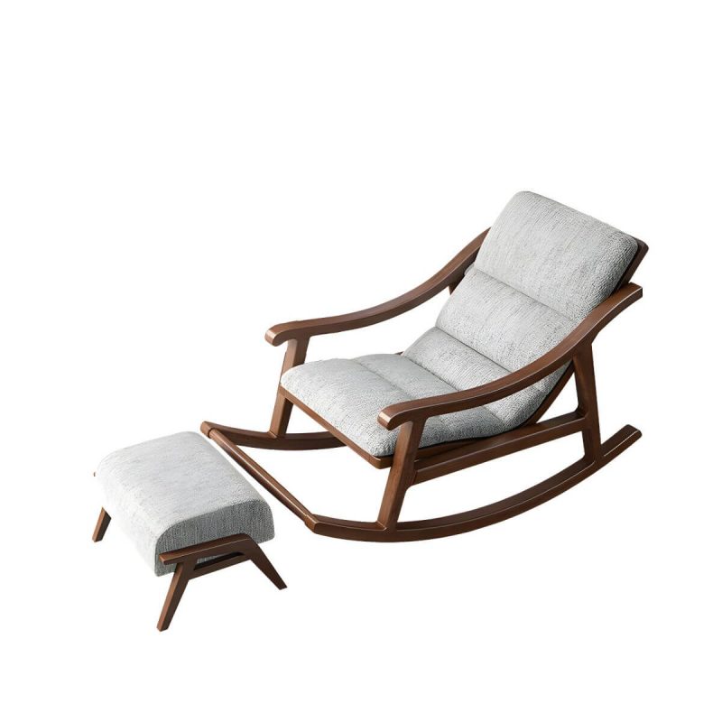 "Contemporary Solid Wood Recliner Chair in Solid Color with Wooden Legs - Rocking Chair & Ottoman Linen Blend Gray"