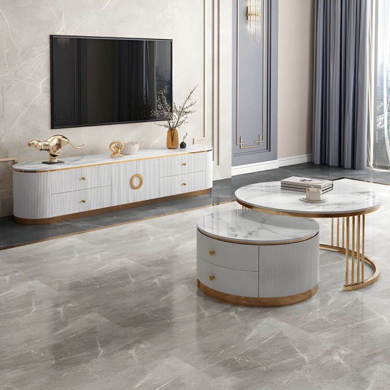 "Glam Marble TV Stand Console Enclosed Storage TV Media Stand with Doors for Living Room - 87"L x 16"W x 17"H White"