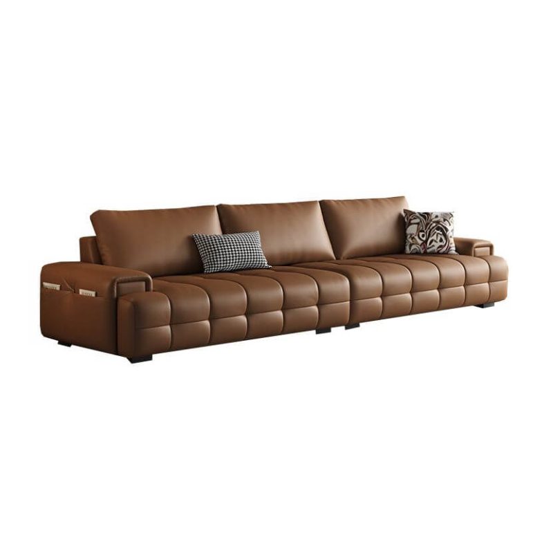 "Minimalist Genuine Leather Brown Standard Sofa for 4-seater with Solid Color Pattern and 2 Pillows, 110.2"L x 39.4"W x 29.1"H"