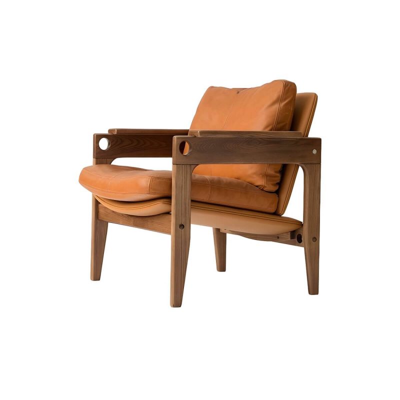 "Simple Apricot Color Genuine Leather Arm Chair with Slipcover, Removable Cushions, Fixed Back and Wood Arms, 1 Piece"