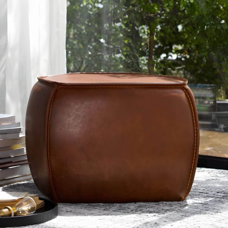 "Mid-Century Modern Upholstered Utility Stool in Brown Leather with Water Resistant Finish - 1 Piece 16"L x 16"W x 15"H"