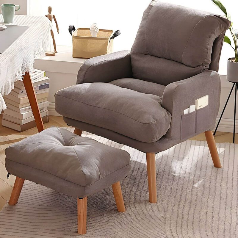 "Small Modern Recliner with Lumbar Support and Built-In Storage, featuring Wood Legs - White/ Orange 29"L x 29"W x 38"H Deck Chair Tech Cloth"