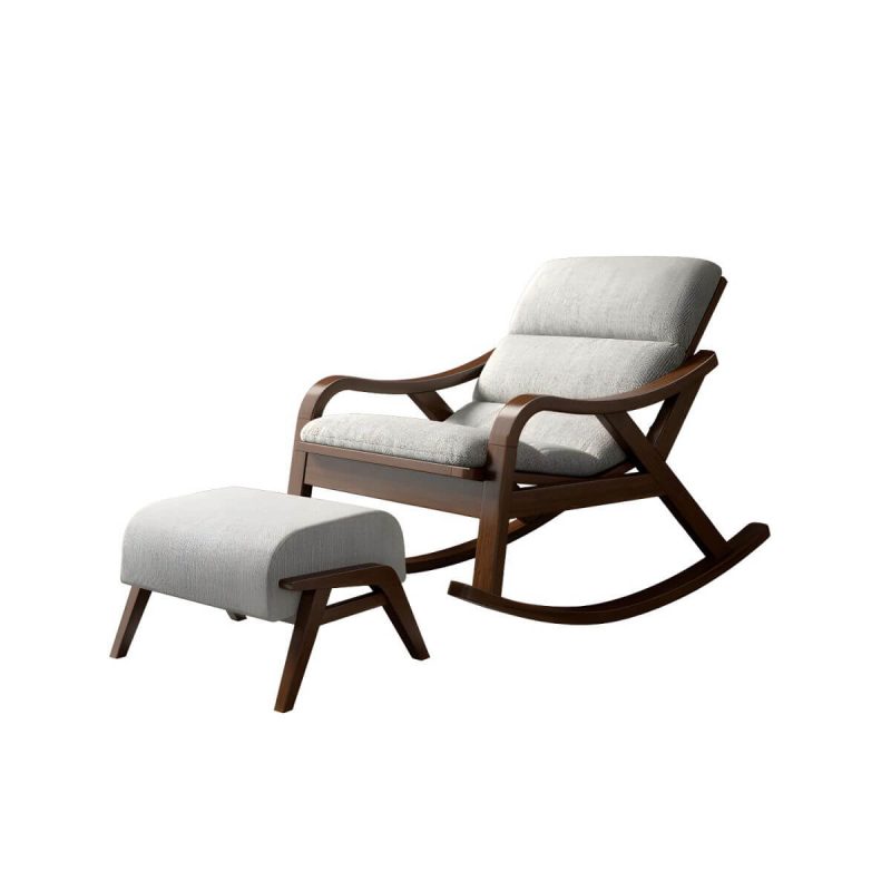 "Contemporary Solid Wood Recliner Chair in Solid Color with Wooden Legs - Rocking Chair & Ottoman Linen Blend Beige"