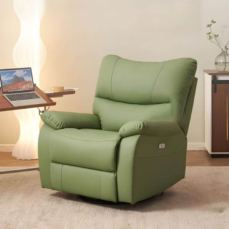 "Small Modern Recliner with Lumbar Support and Foam-Filled Comfort, Solid Upholstery - Green Power Recline Swivel Rocker"