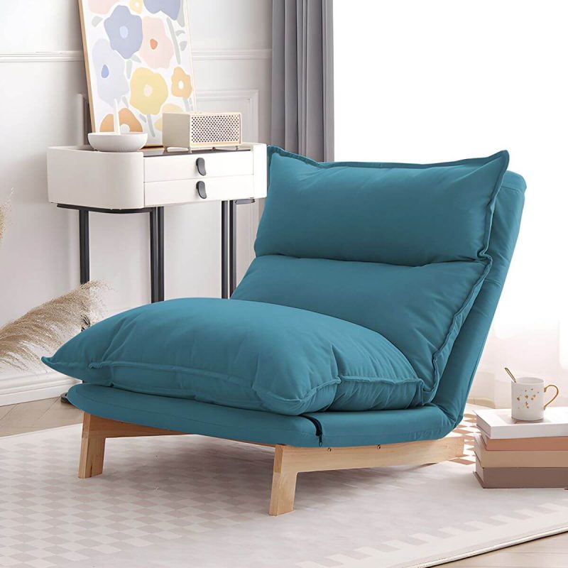 "Ergonomic Linen Recliner with Lumbar Support and Removable Cushions - Small Size - Blue Deck Chair"