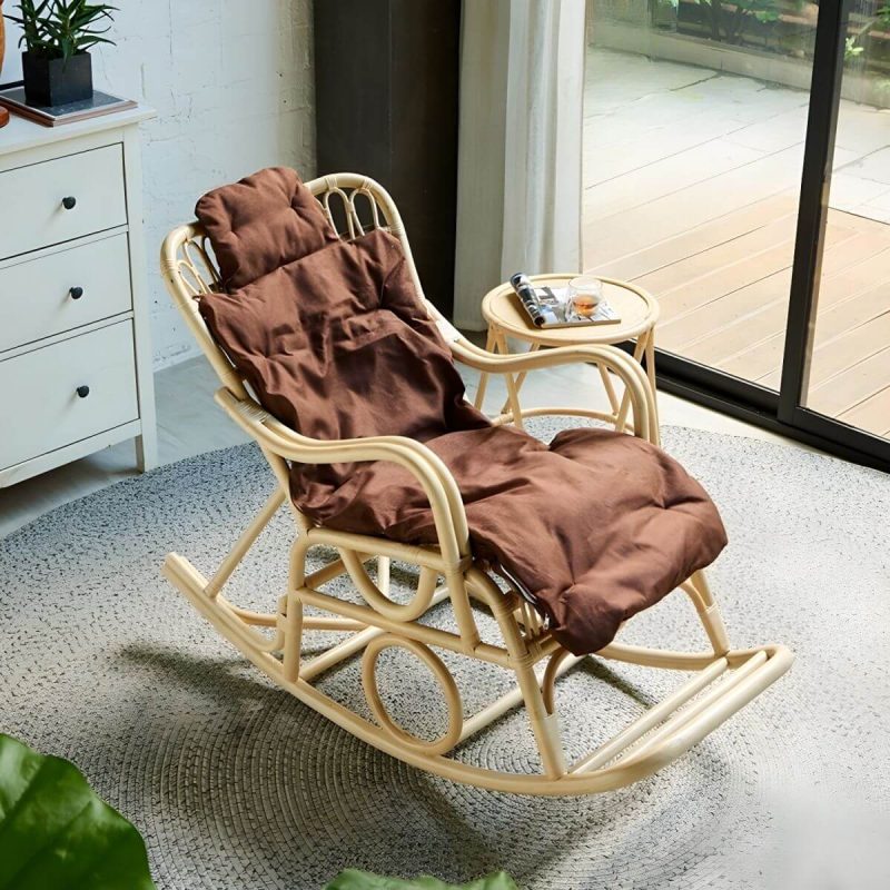 "Scandinavian Rattan Rocking Chair with Track Arms and Spindle Back in Nature - Wood Color"