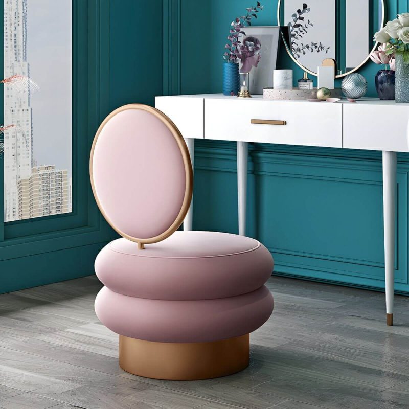 "Modern Upholstered Vanity Stool with Metal Frame and Patchwork Design - Pink 1 Piece"