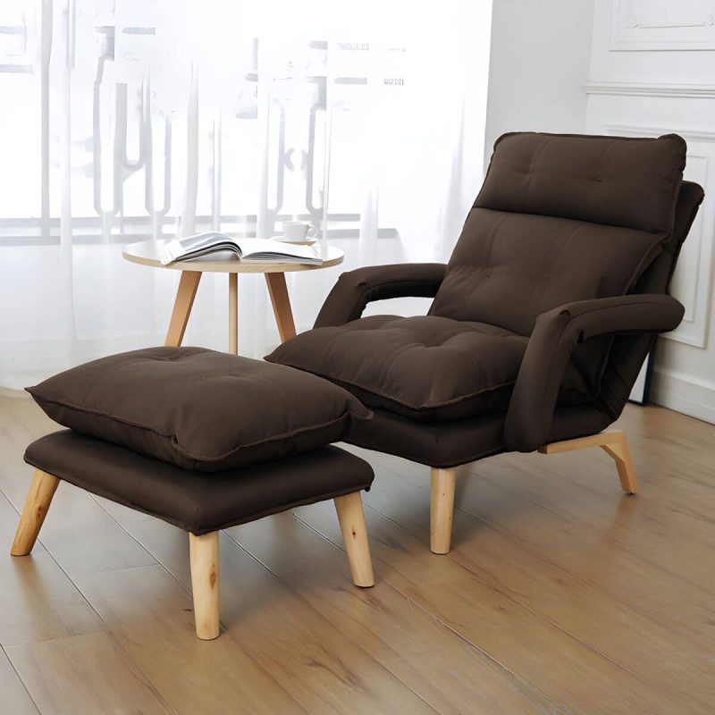 "Small Modern Ergonomic Recliner with Linen Upholstery and Adjustable Headrest, including Ottoman - Coffee"
