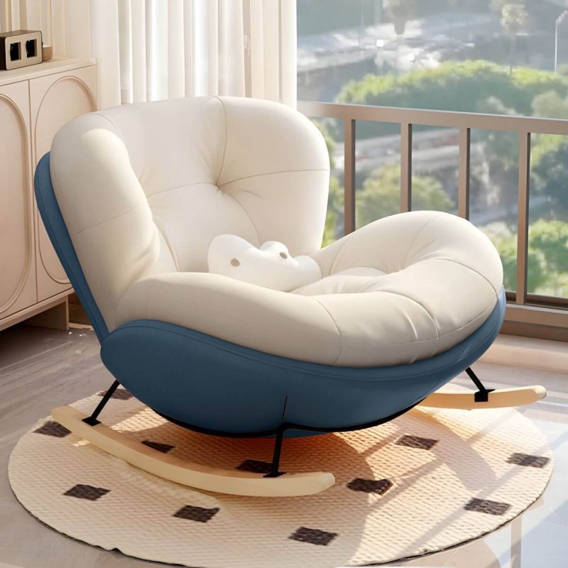 "Stylish Modern Upholstered Rocking Chair with Natural Wood Legs, Tufted Upholstered and Spindle Back - Rocking Chair Beige/ Blue"